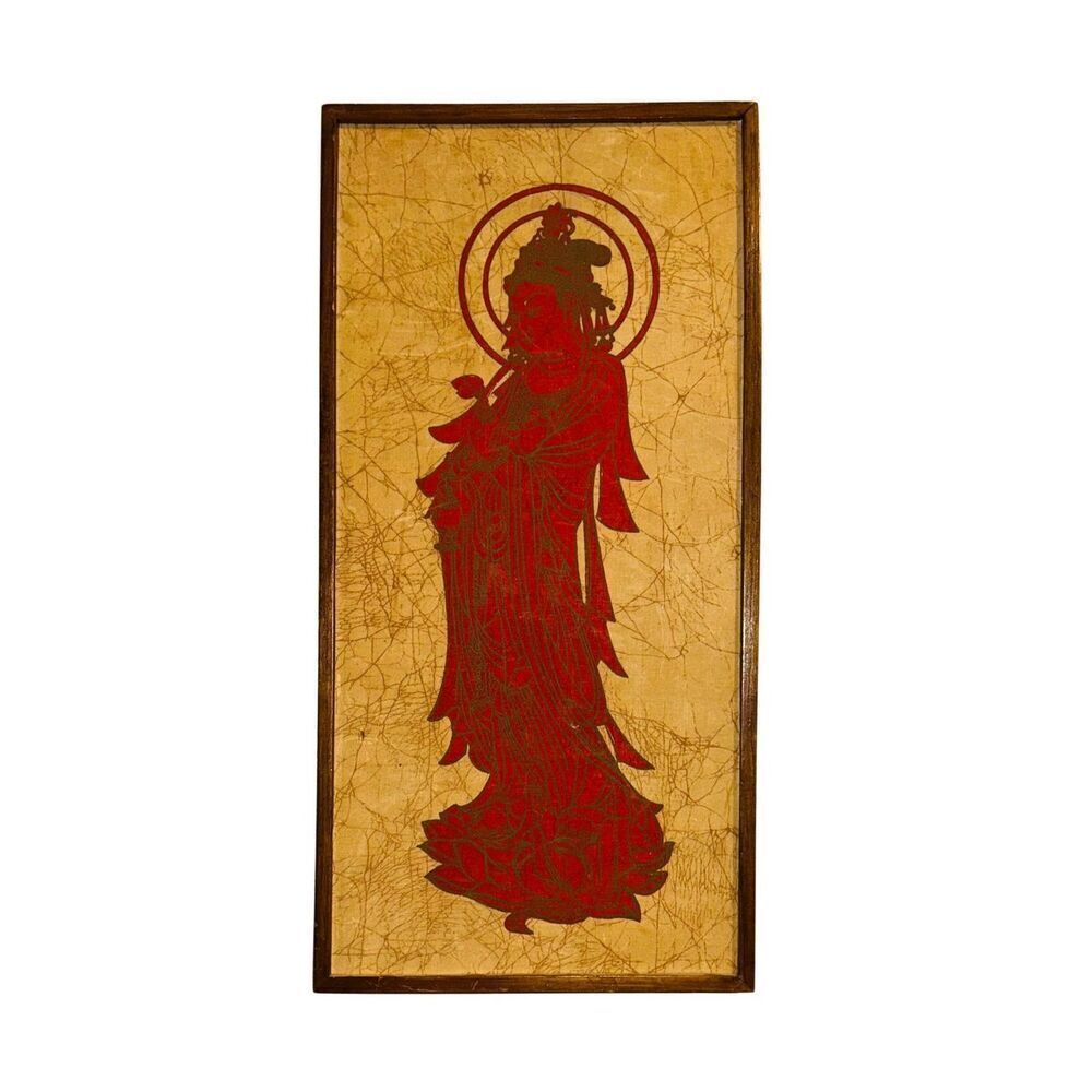 Vintage Original Framed Guanyin Batik Painting Red 23.5x10.5